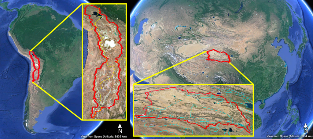 Two physical maps indicate the locations of the Lithium Crescent amid South America’s Andean Plateau and China’s Qaidam Basin in the northern Tibetan Plateau. Inset maps within each broader map show these locations in more detail.