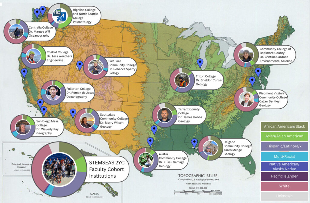 United States map showing the affiliations of participants on a research cruise for community college faculty, as well as the racial and ethnic breakdown of each institution