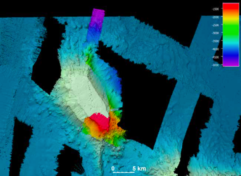Figure showing portions of the seafloor mapped by multibeam sonar near a guyot that was that was chosen as a target area for study by InVADER.
