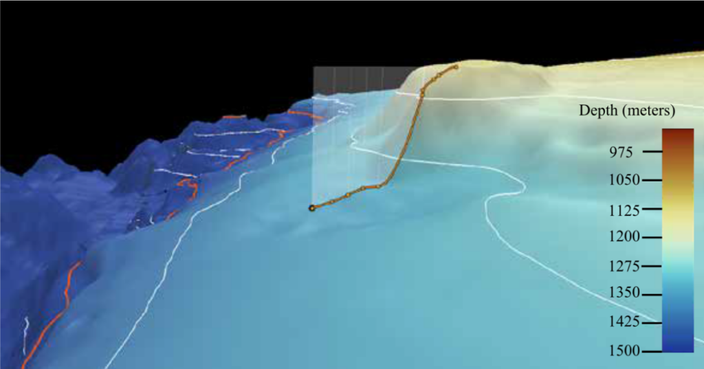 Perspective view of the seafloor bathymetry at a site near a guyot explored by the Hercules ROV.