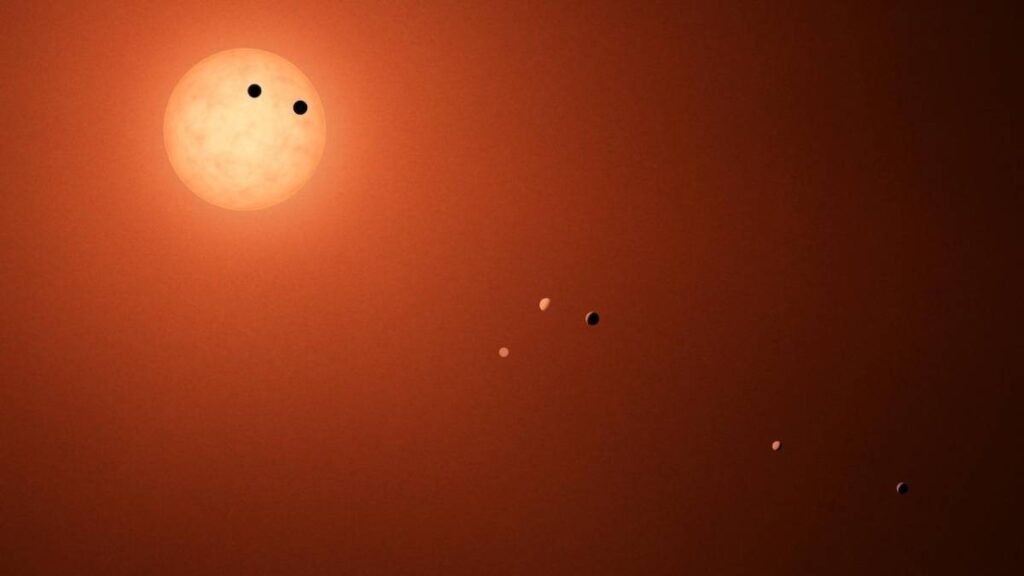 An illustration of seven small planets in front of a red-orange star.