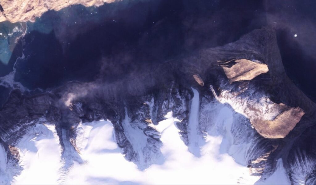 Satellite image of the site of the 16 September 2023 landslide on the flanks of Dickson Fjord in Greenland. 