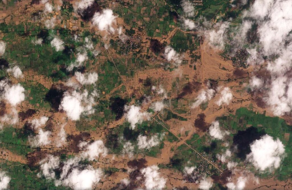 Satellite image of the area around Myin Nar in Myanmar, collected after Typhoon Yagi. Image copyright Planet Labs, used with permission. Image dated 19 September 2024.