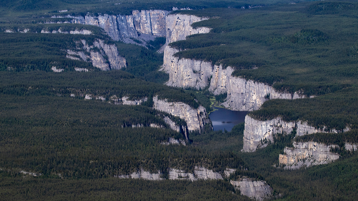 A deep canyon, which can form when rocks shift.