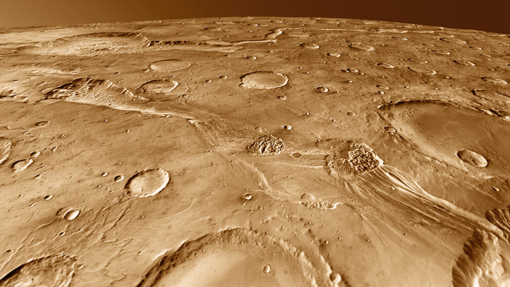 A view of the surface of Mars showing craters of various sizes