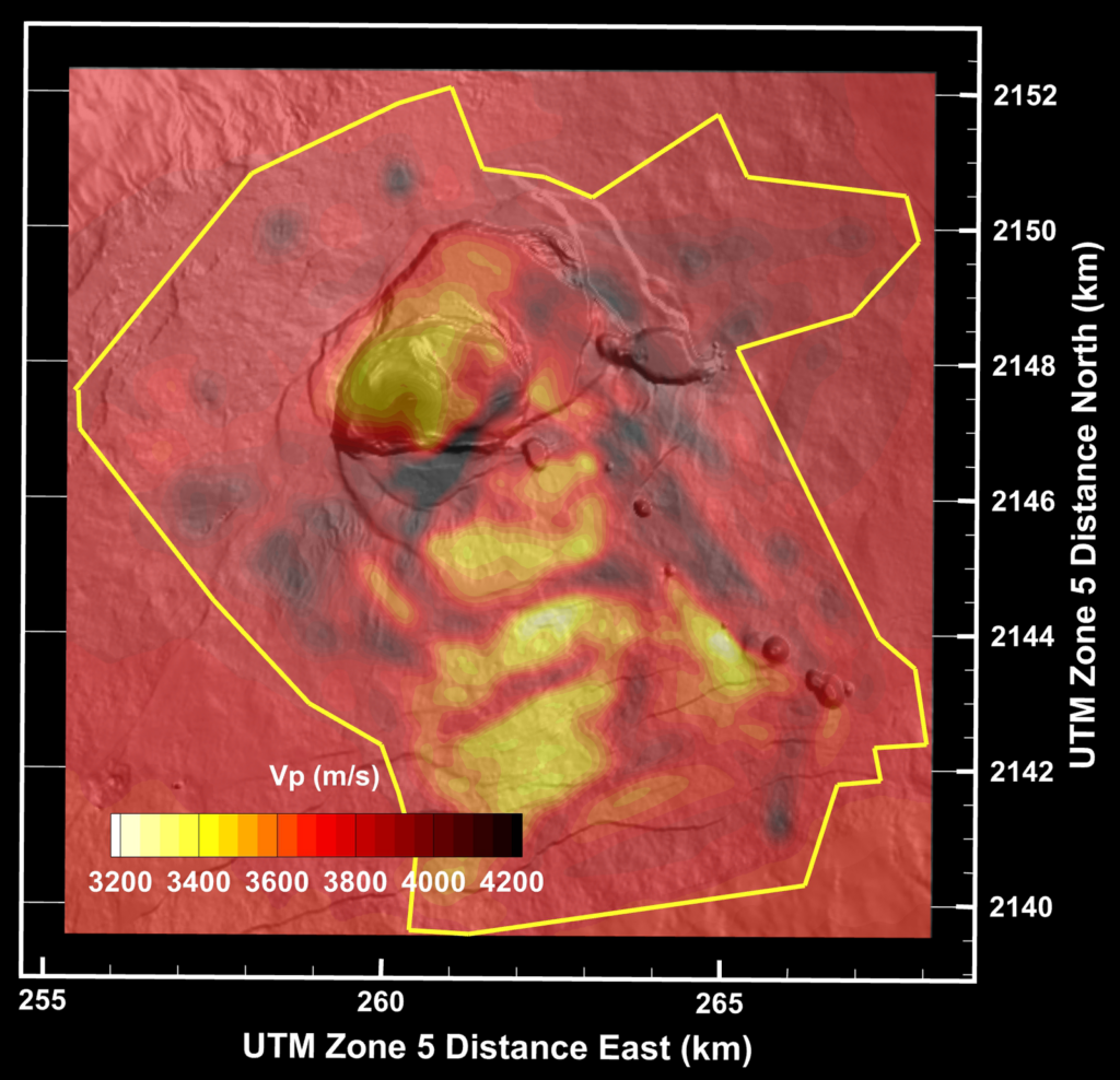 Map view tomographic image showing P-wave seismic velocities in a slice below Kīlauea at sea level.