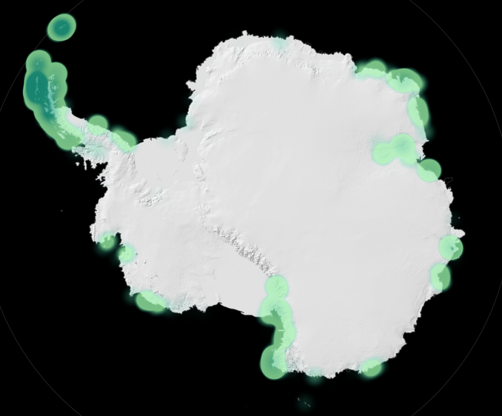 Map of Antarctica with circles along the continent’s edges