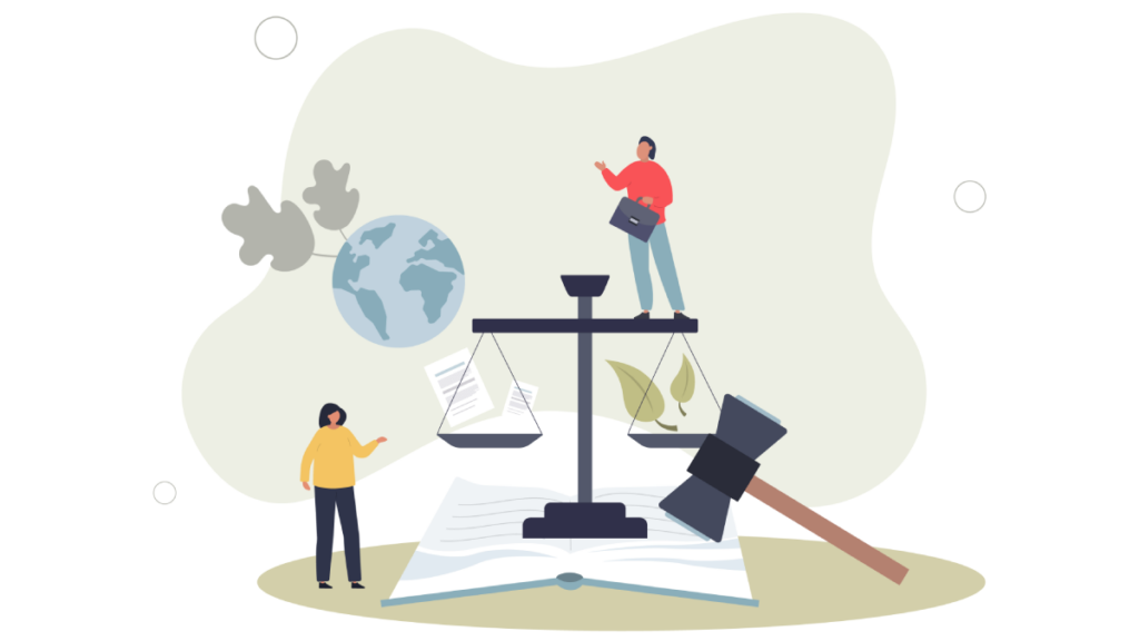 Drawing of a judicial scale surrounded by a gavel, two people, leaves, and Earth.