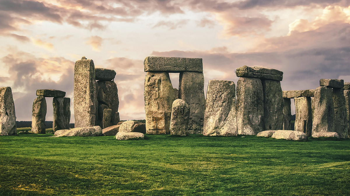 Stonehenge’s tall rectangular stones, viewed from ground level.