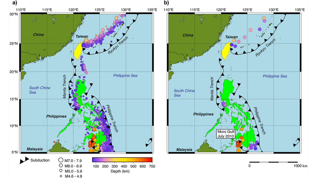 Two maps with symbols to indicate seismic events.