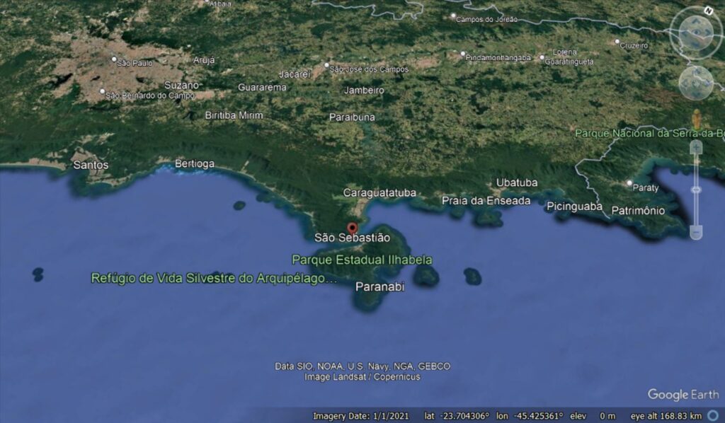 Google Earth image around the municipality of São Sebastião in Brazil.