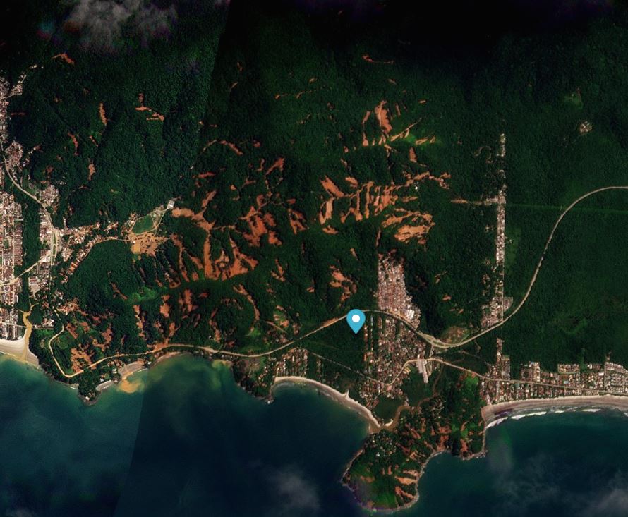 Satellite image of the area around Barra do Sahy in Brazil in the aftermath of the February 2023 rainfall event.