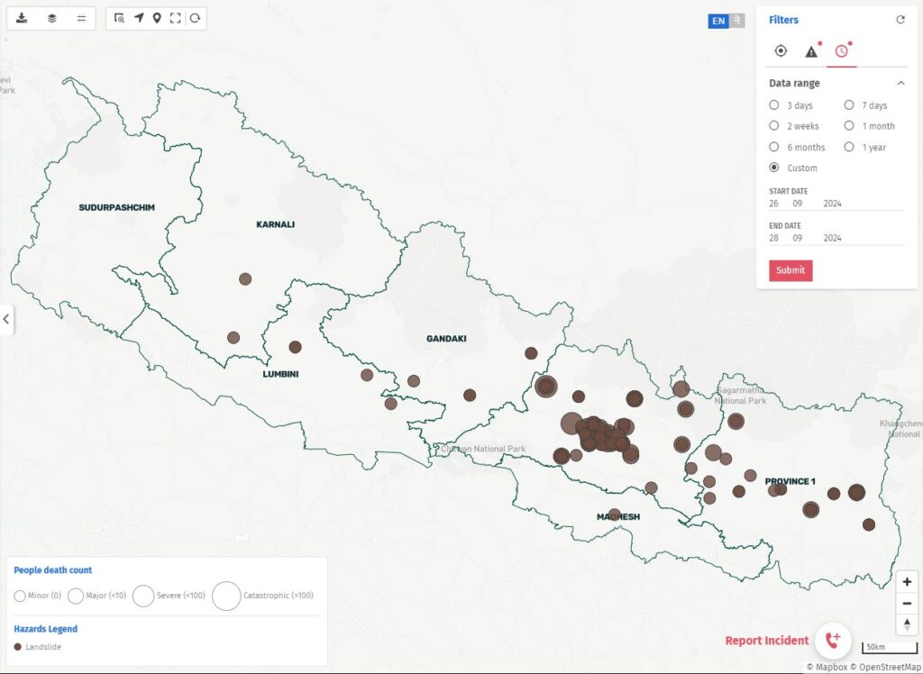 Landslide incidents in Nepal from 26 to 28 September 2024, as recorded in the Bipad system.