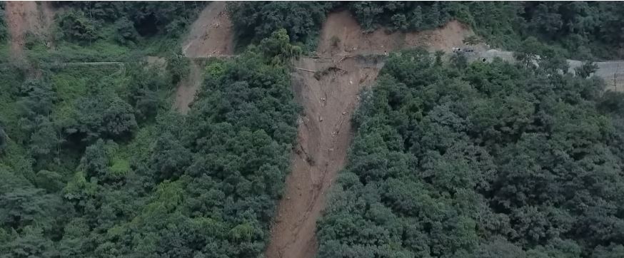 Drone image of the crown of the landslide at Jhyaple Khola in Dhading, Nepal, which killed 35 people. Still from a video posted to Youtube by Setopati.