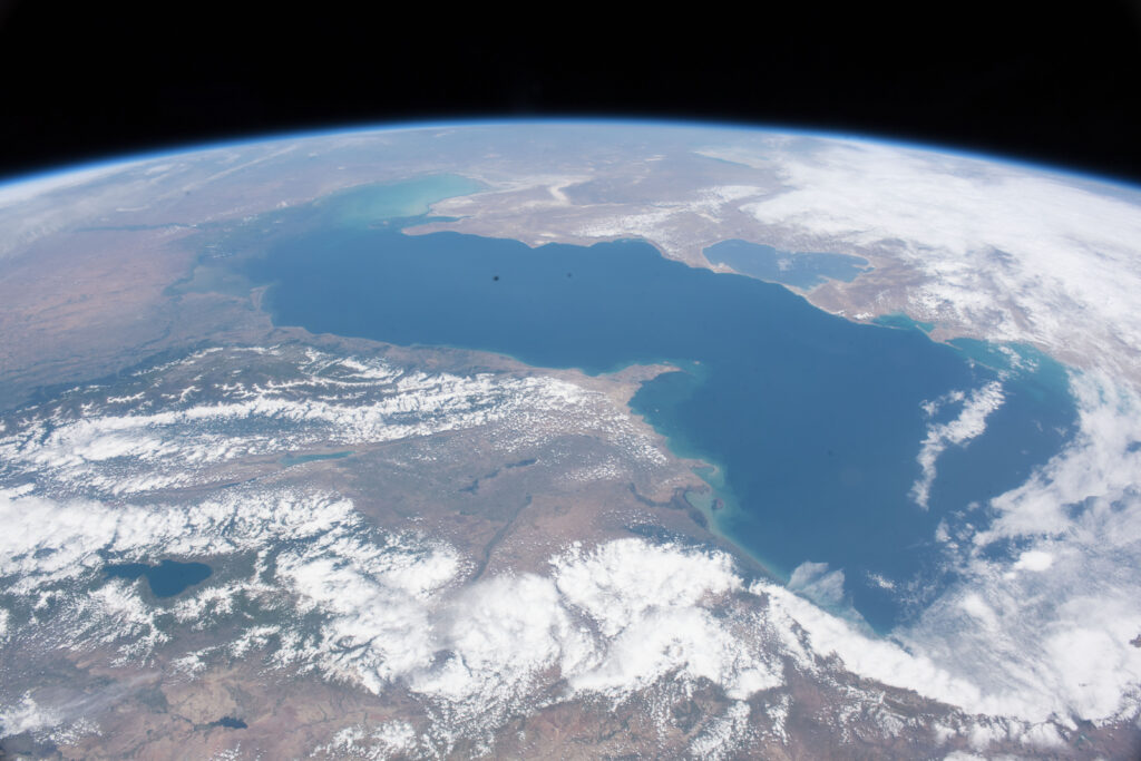 A satellite photo shows the Caspian Sea from above.