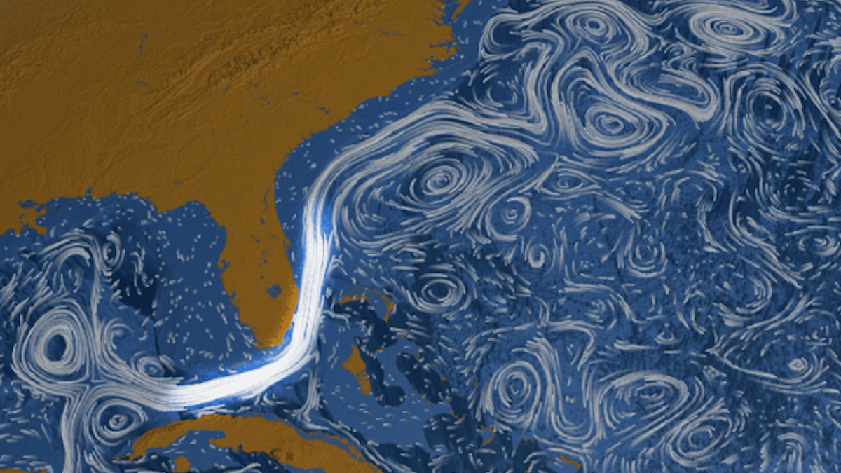 An illustration showing the Florida Current, a flow of ocean water between Florida and the Bahamas.