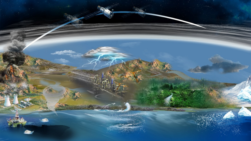 Illustration of a satellite observing various events on the Earth's surface.