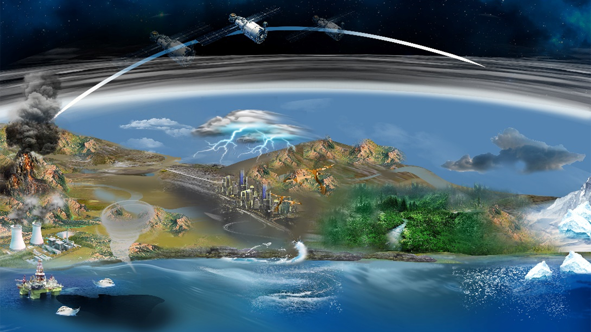Illustration of a satellite observing various events on the Earth's surface.
