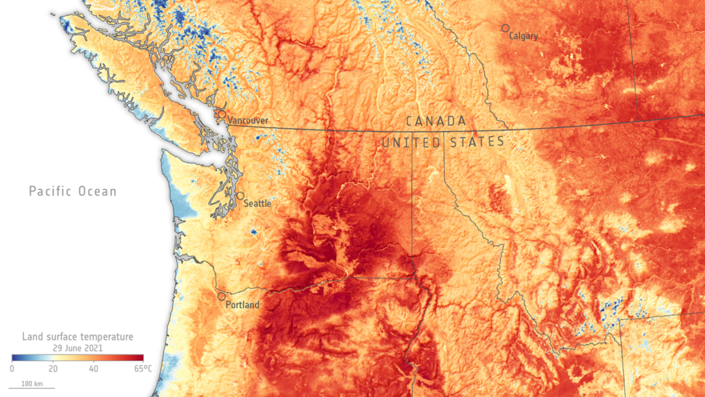 A map of the Pacific Northwest and southwestern Canada showing the anomalous heat wave of 2021. Much of Washington and Oregon, except for the coastal or mountainous areas, shows temperatures in red, designating heat exceeding 20°C with maximum temperatures recorded at 69°C in Washington State.