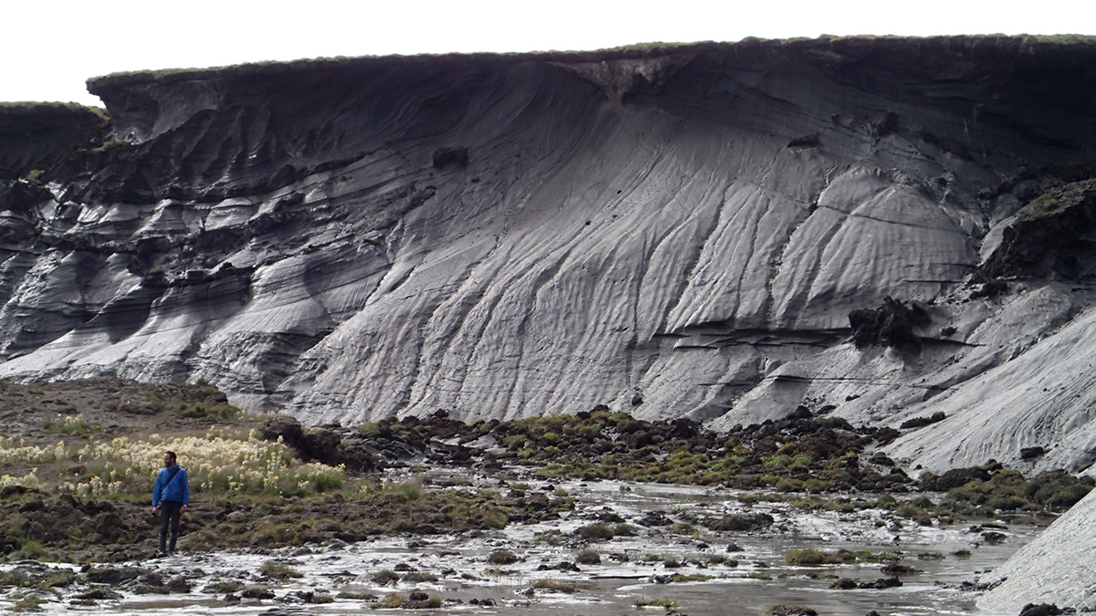 A person in a blue jacket is dwarfed by a gray cliffside of thawing permafrost.