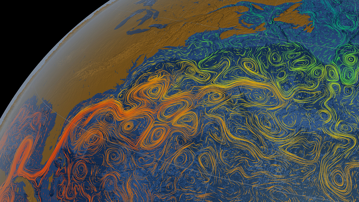 Swirls of colored lines through the Atlantic Ocean