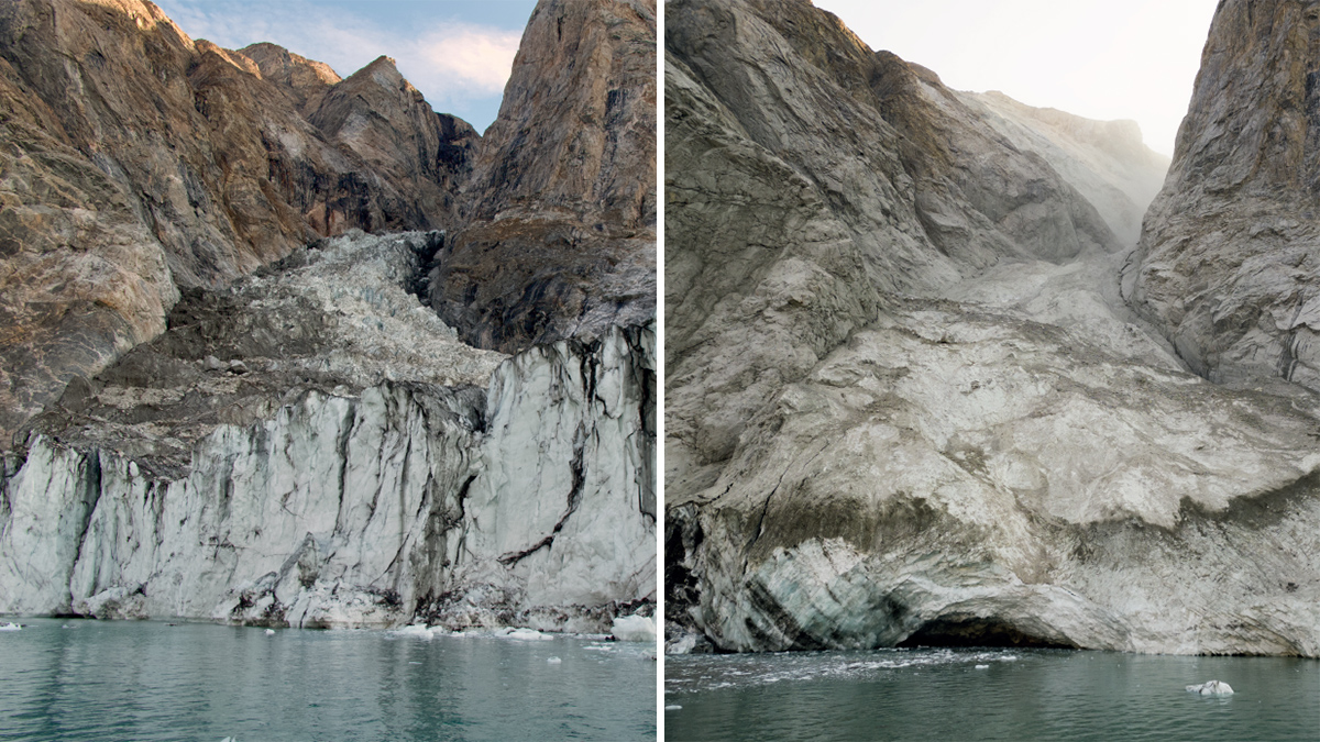 Two side-by-side images show a glacier and mountain before and after a rockslide.