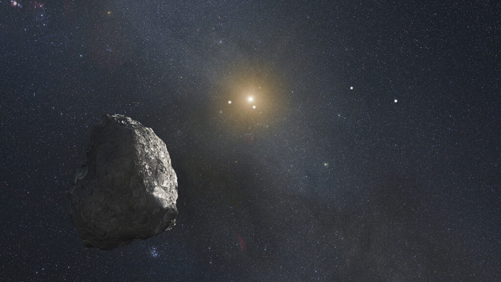Artist’s drawing of a rocky body among dust and dots of light with a bright star in the background
