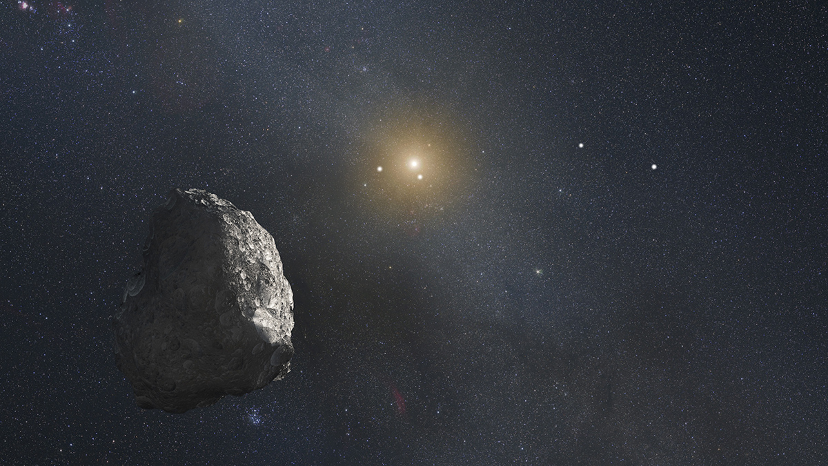 Artist’s drawing of a rocky body among dust and dots of light with a bright star in the background