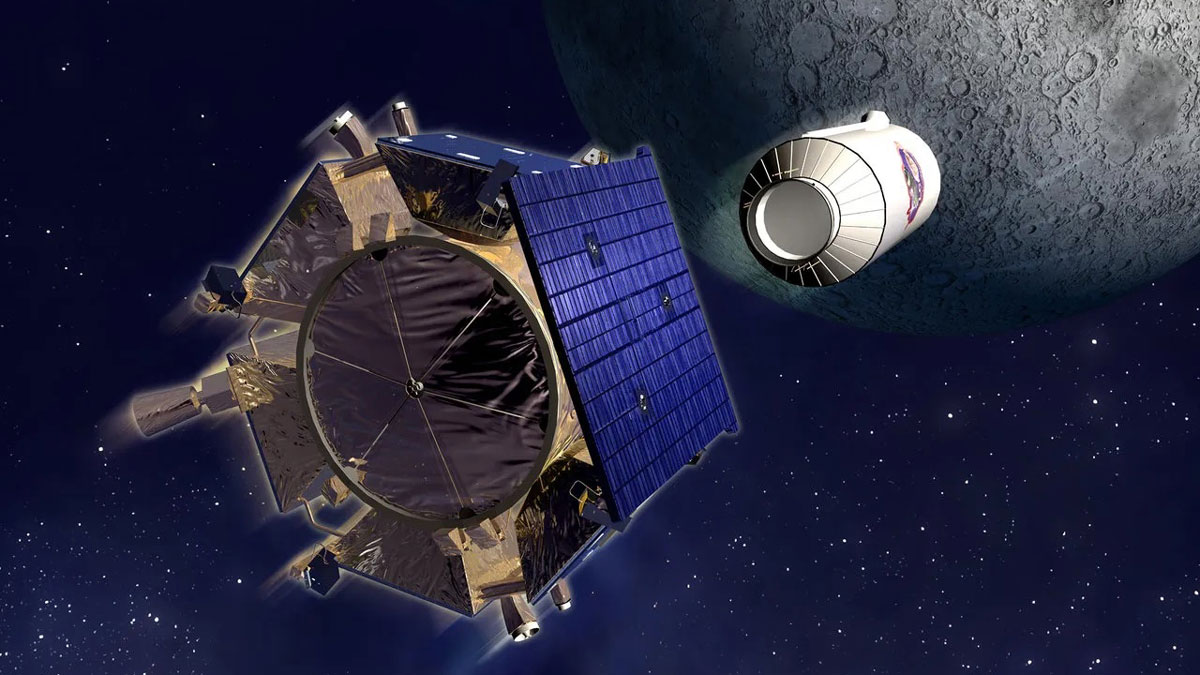 An artist’s depiction of the LCROSS mission, in which a hexagonal spacecraft, seen from behind, ejects a white cylindrical body to land on the Moon’s south pole.