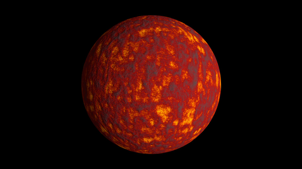 A sphere with a mottled orange, red, yellow, and gray surface appears bright against a black background.
