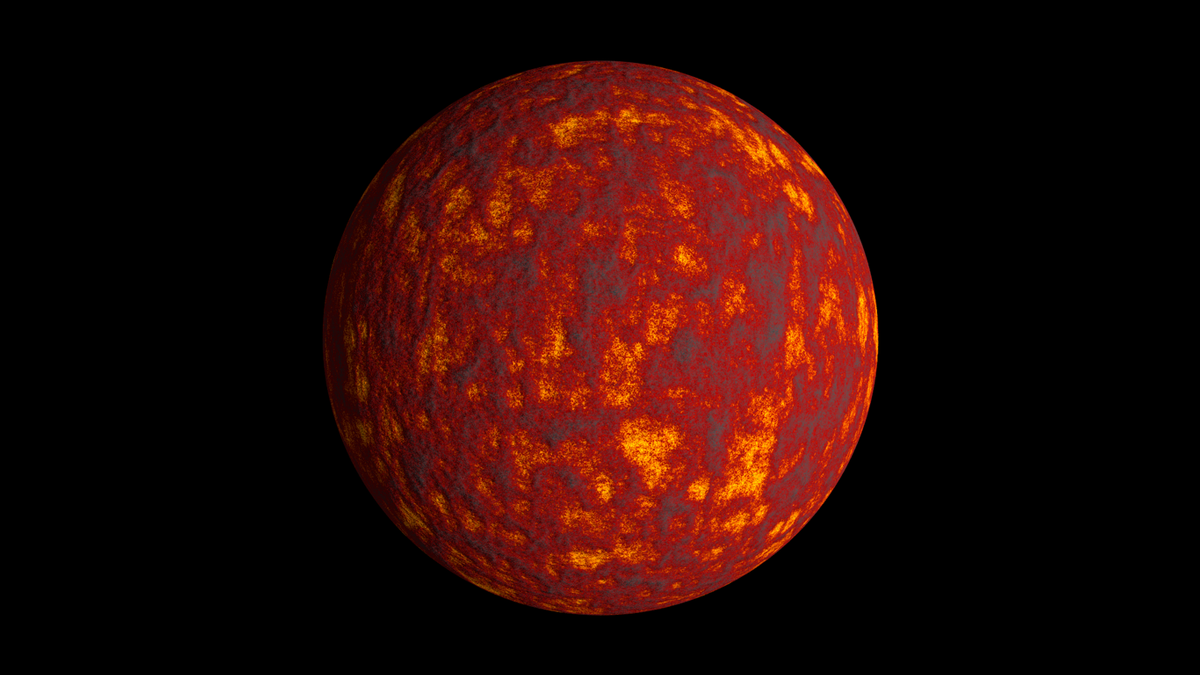 A sphere with a mottled orange, red, yellow, and gray surface appears bright against a black background.