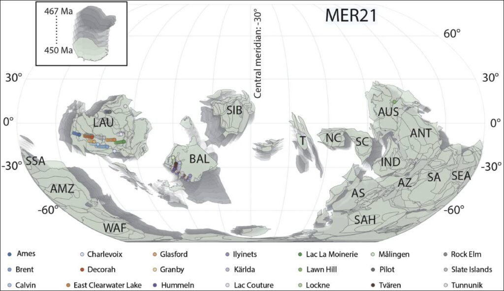 Map of past plate tectonic positions to show original locations of Ordovician impact craters.