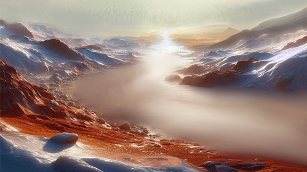 Artist’s interpretation of a river on Mars, stretching off into the distance, where there is a wall of ice. Red soil is on either side of the water.