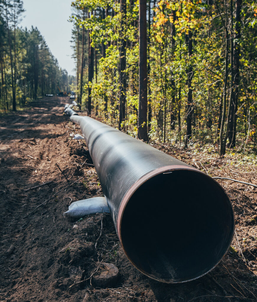 A liquid natural gas pipeline is being laid in a forest. The pipe opening is in the foreground, and the pipeline stretches into the distance along the brown forest floor. Trees stand to the sides of the cleared path of the pipeline.