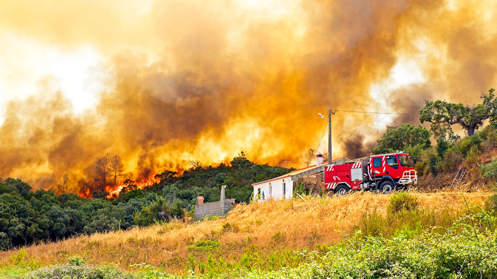 Uma fumaça espessa e amarelada sobe de um incêndio que queima árvores em uma encosta, além de algumas estruturas e um caminhão de bombeiros