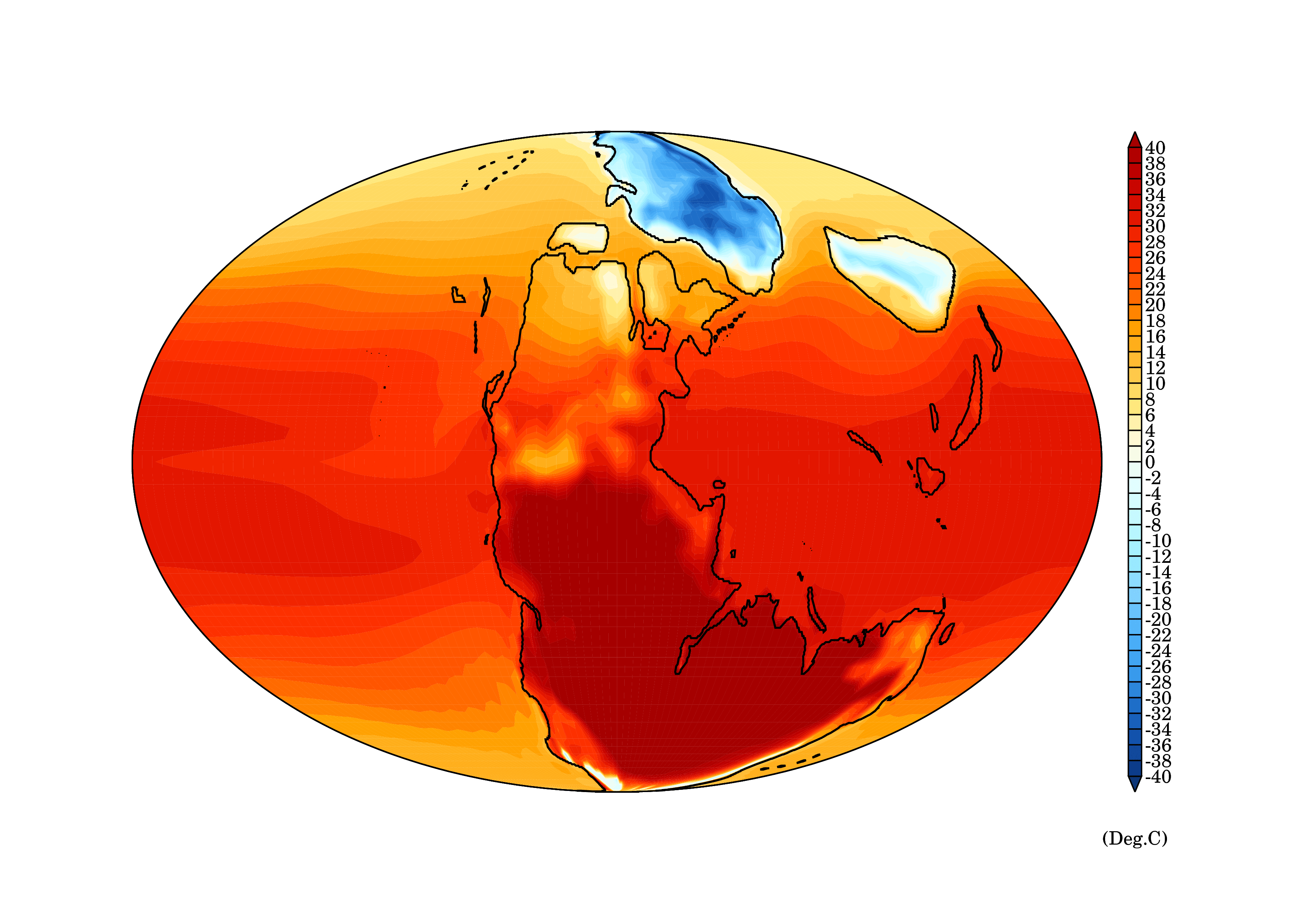 Animation depicting Earth’s monthly average surface temperature (°C) during the peak warmth of the Great Dying, due to very high volcanic carbon emissions from the Siberian Traps.