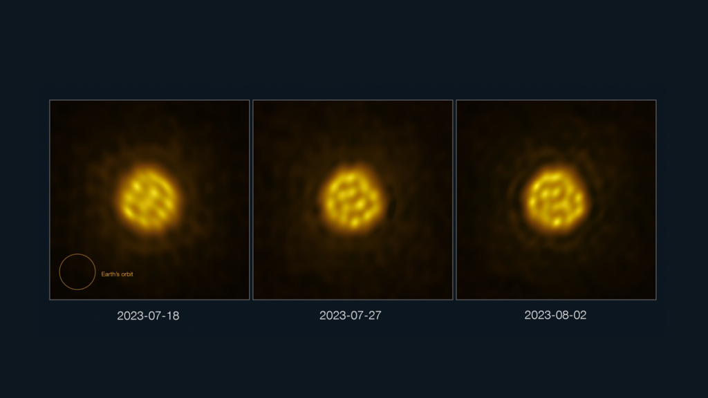 Three panels show a round star with bright dots that change configuration.