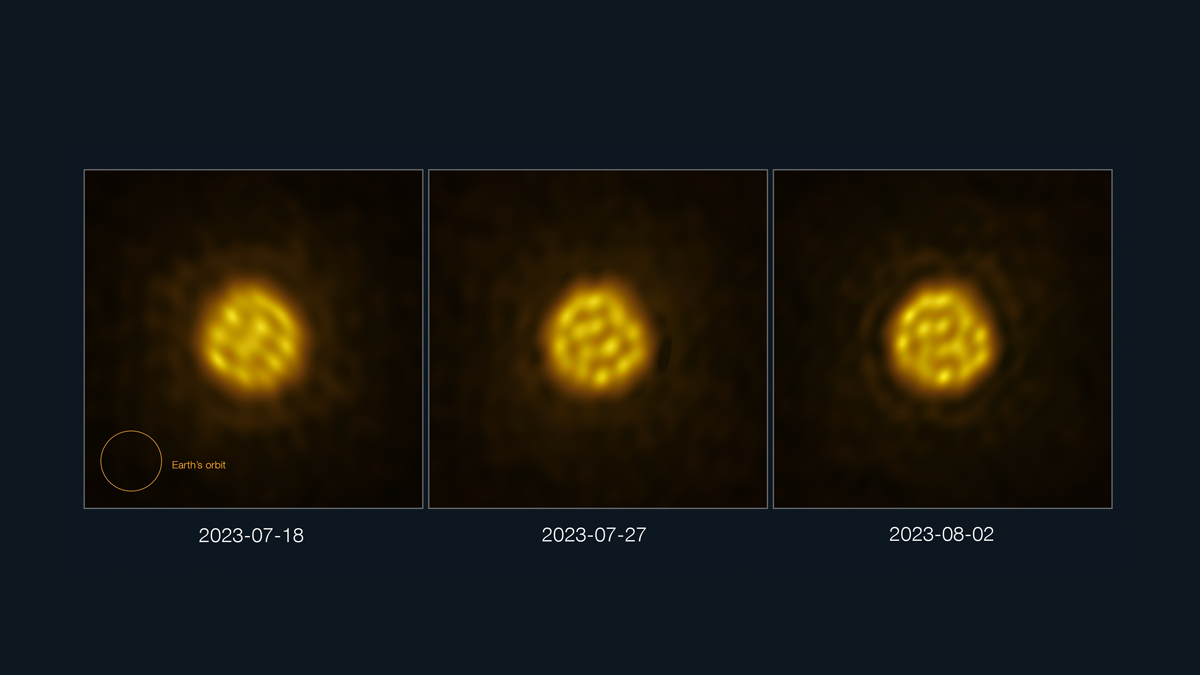 Three panels show a round star with bright dots that change configuration.