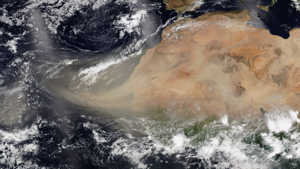 Satellite image of brown dust over a blue ocean