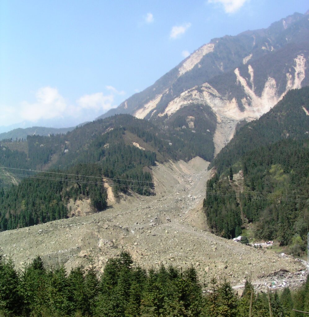 The huge debris pile created by the mobility of a large landslide triggered by the 2008 Wenchuan earthquake.