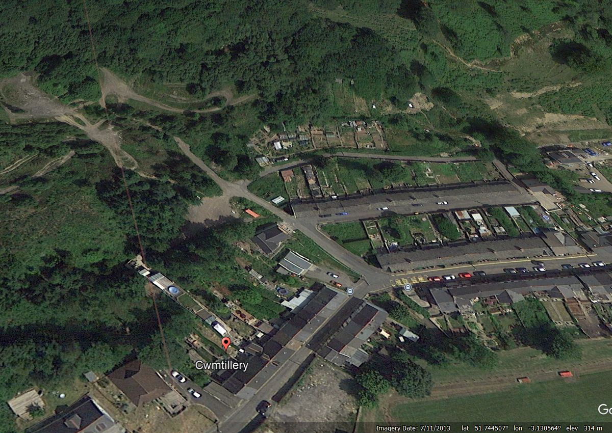 Google Earth image from 2013 showing the site of the coal tip landslide at Cwmtillery.