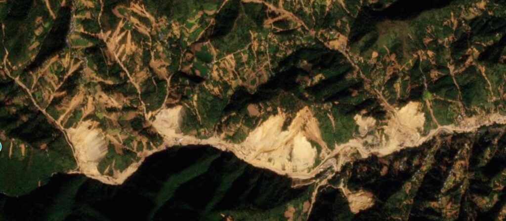 A satellite image of landslides in Kavre after the September 2024 rainstorm.