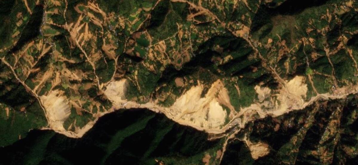 A satellite image of landslides in Kavre after the September 2024 rainstorm.