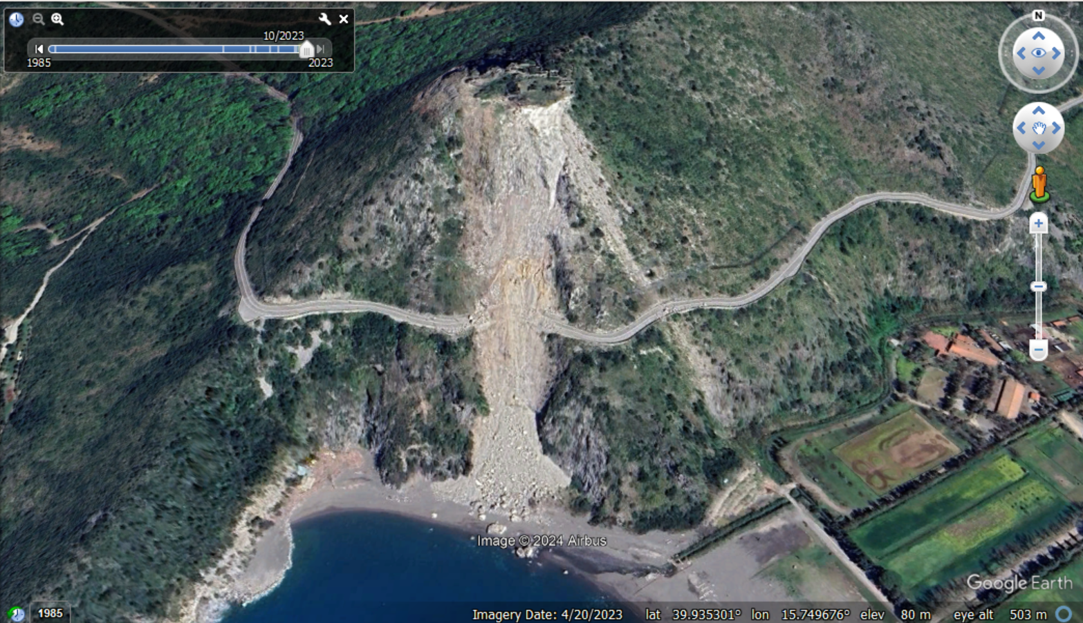 A Google Earth image, collected in April 2023, showing the aftermath of the 30 November Maratea rockfall.