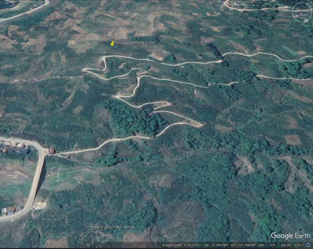 Google Earth image of the site of the 17 July 2024 Wuyigou Landslide in China.