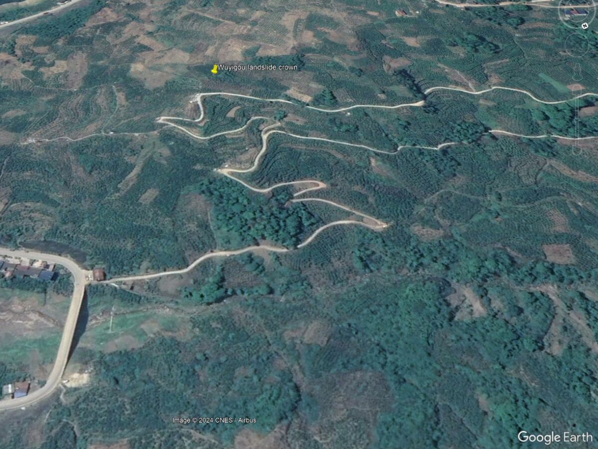 Google Earth image of the site of the 17 July 2024 Wuyigou Landslide in China.