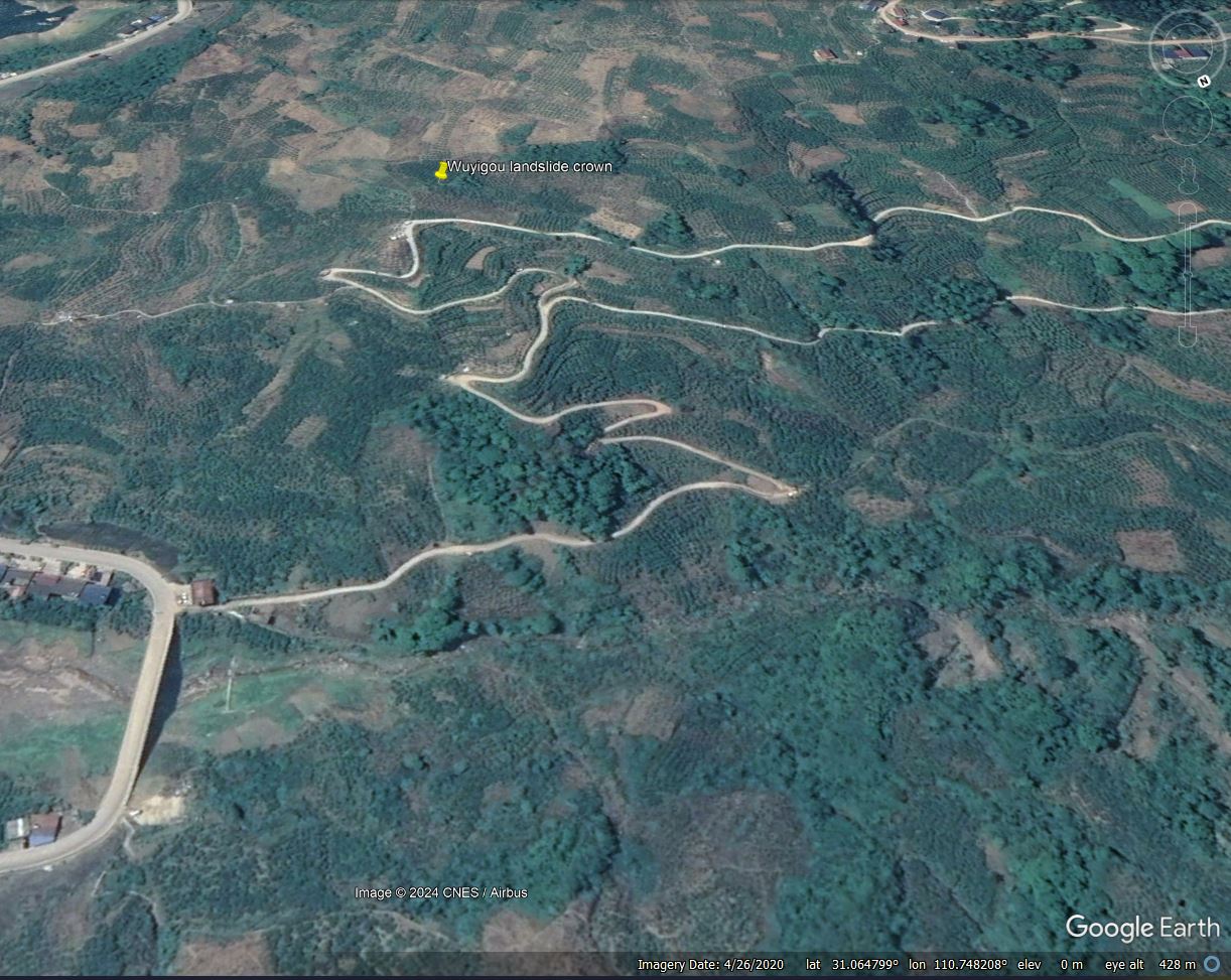 Google Earth image of the site of the 17 July 2024 Wuyigou Landslide in China.
