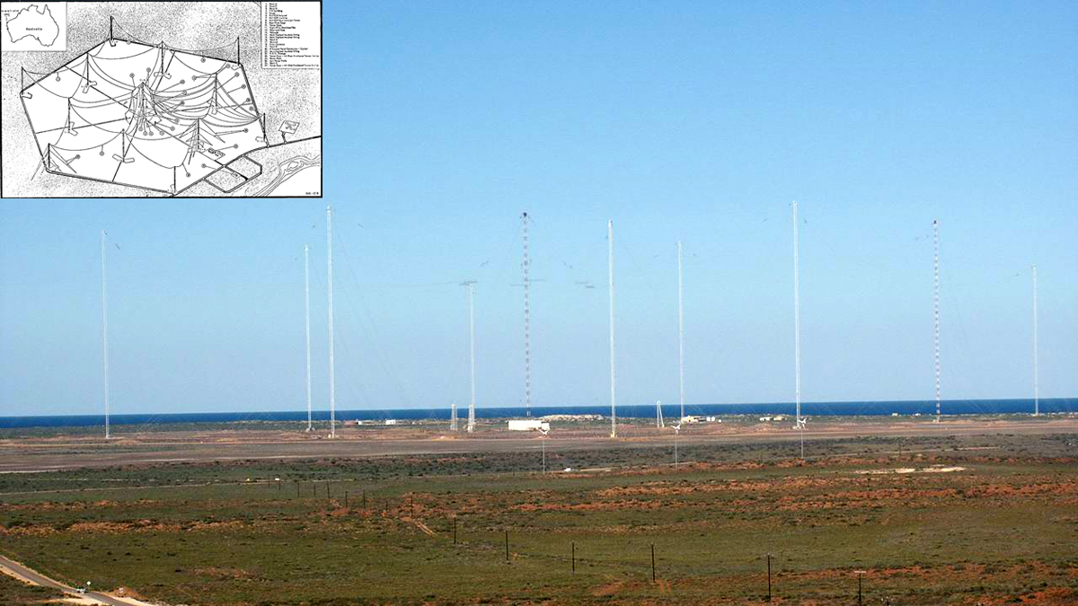 Photo of tall antennae in a field and a schematic diagram of the setup.