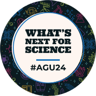 A white circle encircled by a blue rule overlies a background of colorful line art over back. The line art depicts scientific concepts such as Earth’s magnetic field, crystals, temperature, aurora, and stars. In the white circle is the following text: “What’s next for science. #AGU24.”