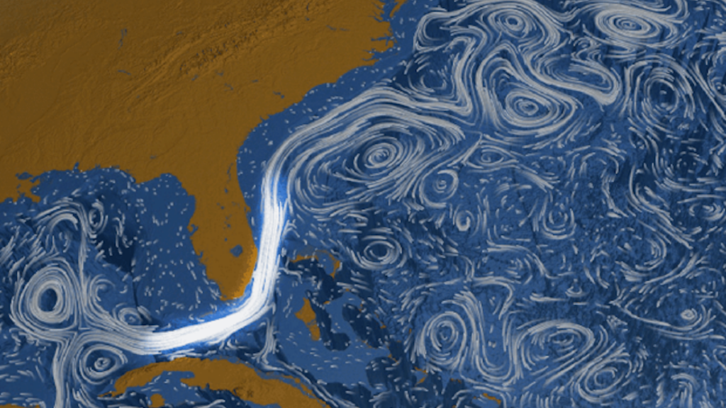 Una ilustración mostrando la Corriente de Florida entre Florida y las Bahamas